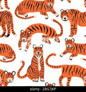 Set mit Tigern, um das Design zu schmücken. Vektor-Set von Comic-Figuren der wilden Natur. Das Tiger-Muster ist wild. Die exotische Kulisse des Dschungels. Stock Vektor