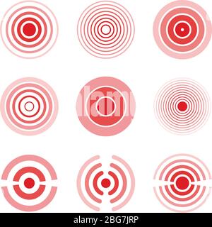Schmerz rote Ringe, um schmerzhafte Frauen und Männer Körperteile, Hals, Knochen, Muskel und Kopfschmerzen zu markieren. Medizinischer Vektor Satz von radialen Ziel medizinischen Problem illustrr Stock Vektor