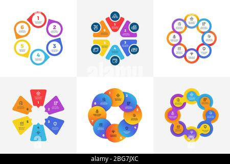 Infografiken mit Pfeil-Optionen. Informationstabellen mit Farbabschnitten. Business Vector-Prozesse mit Schritten. Kreis des Kreisdiagramms, c Stock Vektor