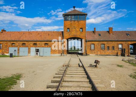 Eisenbahnschienen Konzentrationslager Auschwitz-Birkenau Oświęcim Museum Südpolen Europa EU UNESCO Stockfoto