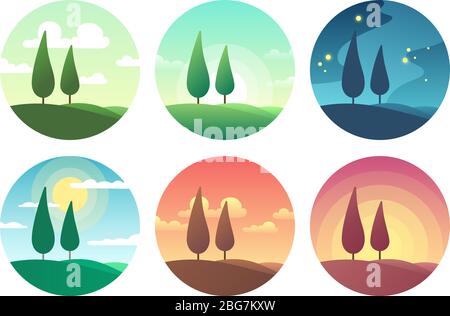 Schöne Sommerlandschaft zu verschiedenen Tageszeiten. Vektorsymbole: Sonnenaufgang am Morgen, sonniger Tag, Sonnenuntergang am Abend und Sternennacht. Sonnenaufgang und Sonneneinbruch, Stock Vektor