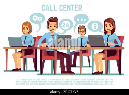 Gruppe von Bedienern mit Headset, die Mitarbeiter im Callcenter-Büro unterstützen. Business Support und Telemarketing Vektorkonzept. Illustration der Online-Kommunikation, Feedback, Hilfe Hotline Stock Vektor