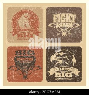 Grunge Karten Set mit Adler Logos und Emblem. Vektor Kämpfer und Champion Poster Illustration Stock Vektor