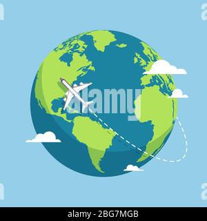 Flugzeug und Globus. Flugzeuge fliegen um den Planeten Erde mit Kontinenten und Ozeanen. Abbildung flacher Vektorgrafiken. Flugflugzeug, Weltreise Luft Stock Vektor
