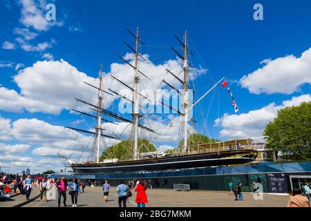 Cutty Sark Teesschiff Greenwich England Prime Meridian Zero Longitude Hemisphären London UK Europa EU Stockfoto