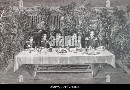 Reise des russischen Kaisers Alexander I. in Finnland im Jahr 1819. Mittagessen in Hapalankangas. Gravur des 19. Jahrhunderts. Stockfoto