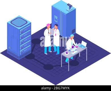 Chemie, pharmazeutisches Labor isometrisches Konzept mit chemischen Laborgeräten und Biotech-Vektor-Illustration. Laborchemie 3d-Isometrie w Stock Vektor