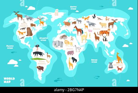 Weltkarte mit Tieren. Erde Entdeckung lustig Kinder Geographie Vektor Illustration. Tiergeographie Welt, Tierwelt eurasien afrika und amerika Stock Vektor