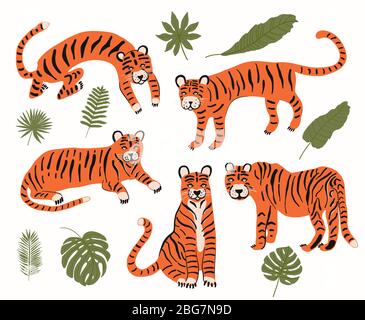 Set mit Tigern und tropischen Blättern, um das Design zu schmücken. Das Laub des Dschungels. Vektor-Set von Comic-Figuren der wilden Natur. Grüne Palme Stock Vektor