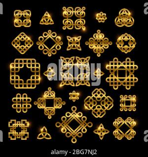 Goldene keltische Knoten mit glänzenden Elementen auf schwarzem Hintergrund isoliert. Vektor Knoten Icon Sammlung Ornament für Tattoo Muster, gälische Dekoration illu Stock Vektor