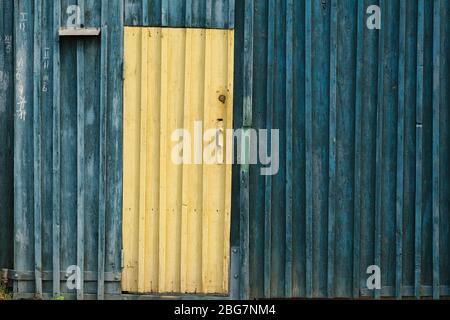 Gelbe Holztür auf dem Hintergrund der dunkelblauen Bretter. Holzzaun mit abblätternden Hintergrund Farbe. Alte schiefe Tür auf dem Hintergrund des Zauns. Stockfoto