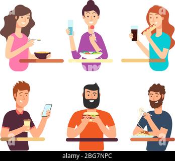 Menschen, hungrige Menschen essen verschiedene Lebensmittel. Cartoon-Figuren essen Vektor auf weißem Hintergrund isoliert gesetzt. Illustration von Mann und Frau essen fo Stock Vektor