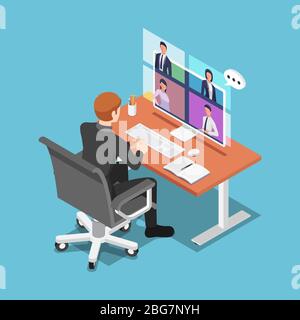 Flache 3d isometrische Geschäftsmann im Gespräch mit seinen Kollegen in Videokonferenz. Arbeit von zu Hause während COVID-19 oder Coronavirus Pandemie und Video-Konferenzen Stock Vektor