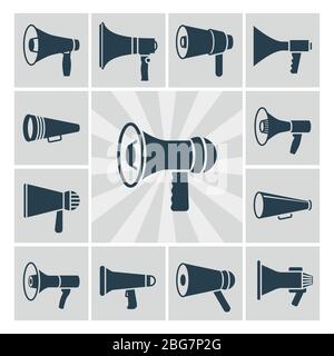 Vektor-Lautsprecher-Symbole des Satzes. Flache Megaphon Silhouetten Sammlung Vintage Illustration Stock Vektor