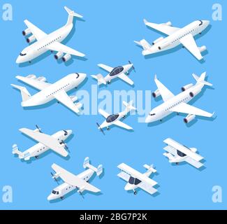 Isometrische Ebenen. Private Jet-Flugzeuge, Flugzeuge und Flugzeuge. 3d-Antennenvektorsatz. Abbildung von Jet und Flugzeug, Flugzeug Passagier Stock Vektor