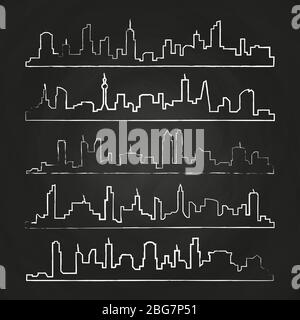 Grunge-Gebäude Linie der Stadt. Handgezeichnete städtische Vektor-Stadtlandschaft auf Tafel-Illustration gesetzt Stock Vektor