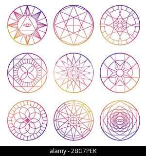 Set von bunten esoterischen geometrischen Pentagrammen Vektor-Design isoliert Illustration Stock Vektor