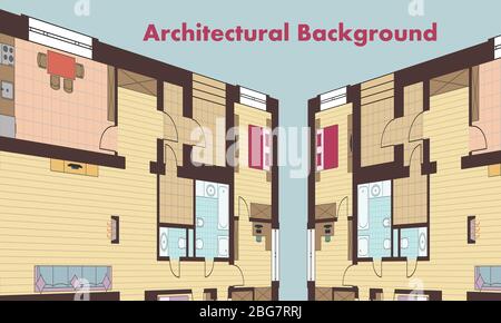 Architekturhintergrund. Architektonische Pläne von Wohngebäuden. Die Zeichnungen der Hütten. Bunte Vektorgrafik EPS10 Stock Vektor