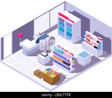 Isometrische Supermarkt Interieur. 3d-Lebensmittelgeschäft mit Lebensmitteln. Supermarkt, Markt isometrischen Lebensmittelgeschäft, Shop-Interieur mit Kühlschrank und Vitrine Illustration Stock Vektor