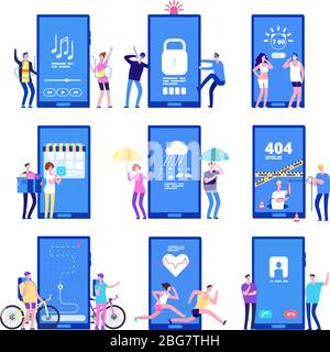 App-Konzept für das Telefon. Männer und Frauen stehen in der Nähe großer Handys mit mobilen Apps auf dem Bildschirm. Vector Concept mobile App Location und Musik, Tracker Run und Wetter Illustration Stock Vektor