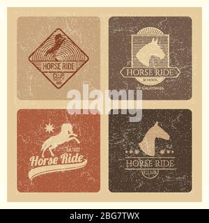 Pferd reiten Club Vintage Retro-Emblem gesetzt isoliert. Vektorgrafik Stock Vektor
