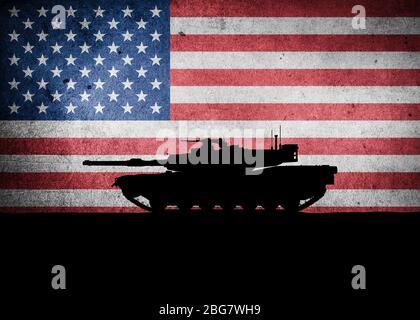 Amerikanischer Hauptkampfpanzer vor der Flagge der Vereinigten Staaten Stockfoto