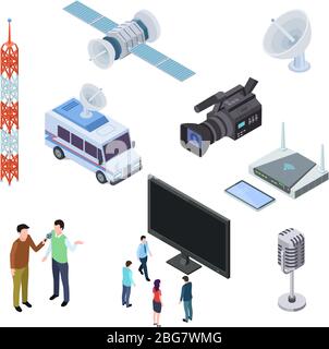 Rundfunkgeräte. Fernsehübertragung von Elektronik. TV-Antenne, Satellit und Camcorder. Isometrische Symbole für Telekommunikation in 3d. Vektorverbindung A Stock Vektor