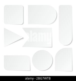 Papieraufkleber. Leere weiße Etiketten, Tags verschiedener Formen. Isolierter Vektorsatz. Aufkleber Papier leer, Etikett Tag für Hinweis, Rechteck klebrige Illustration Stock Vektor