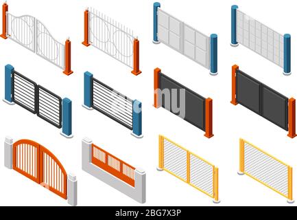 Isometrische Zäune und Tore. Ländliche Bauernhof Fechten. 3d-Vektorsatz. Abbildung der Konstruktion Wanddekoration, Außenbarriere Stock Vektor