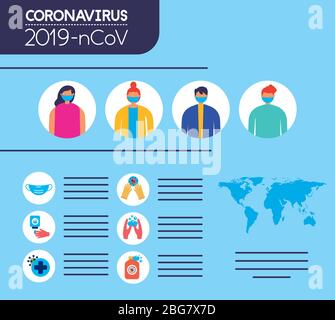 Covid19 pandemische Infografiken mit Menschen, die Gesichtsmasken verwenden Stock Vektor