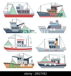 Angeln mit Booten auf dem Meer. Kommerzielle Fischerschiffe isoliert Vektor-Set. Nautisches Fischereischiff, Seefischillustration Stock Vektor