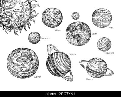 Skizzieren Sie Planeten des Sonnensystems. Merkur, venus, Erde, mars, jupiter, saturn, uranus und neptun in handgezeichneter Gravur Vektorset. Planeten Sammlung abstrakte Illustrationen Stock Vektor