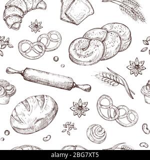 Nahtloses Brotmuster. Vintage Skizze Bäckerei Wiederholung Vektor Hintergrund. Skizze Bäckerei Muster, Hintergrund mit Croissant Zeichnung und Brötchen illustrati Stock Vektor