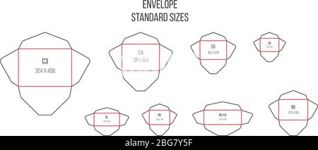 Umschlagstandards. Standardformate Letter. Isolierte Vorlage für Schnittvektor drucken. Abbildung des Umschlagpakets, ungepackte Post c4 und c6 Stock Vektor