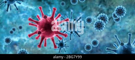 Mikroskopische Ansicht des Erregers SARS-CoV-2 Corona-Virus in der Zelle auf blauem Hintergrund, 3d-Abbildung, Panorama-Banner mit Coronavirus, Konzept des Wissenschaft Stockfoto