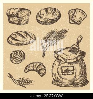 Handgezeichnetes Brot, Brötchen, Croissant, Mahlzeit Vektor-Set Illustration Stock Vektor