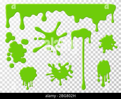 Tropfender Schleim. Grüne Goo tropfende Flüssigkeit, Blots und Spritzer. Cartoon Schleim splodges Vektor-Set isoliert. Illustration von Flüssigtropfen, Schleim und Tropfen, BLOB Fleck grün Stock Vektor