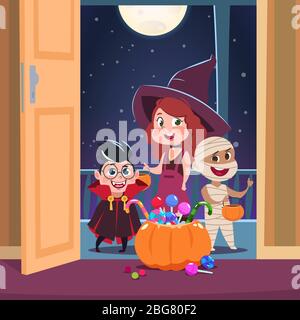 Halloween Trick oder behandeln Hintergrund. Kinder in halloween Kostümen mit Süßigkeiten in der Tür. Gruselige oktober holliday Vektor-Konzept. Illustration von Feiertagsfeier, Zombie und Mama Stock Vektor