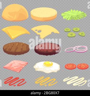 Sandwich, Burger, Cheeseburger Lebensmittel Zutaten Cartoon Vektor-Set isoliert auf transparentem Hintergrund. Vector Käse und Fleisch, lecker und schnell illustraa Stock Vektor