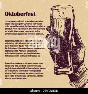 Hand mit einem Glas Bier. Handgezeichnetes oktoberfest Banner und Poster Design mit Grunge Effekt. Vektorgrafik Stock Vektor