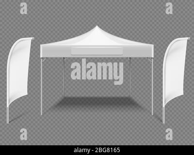 Weißes Werbe-Outdoor-Event-Zelt mit Strandflaggen. 3d realistische Vektor-Mock-up isoliert auf transparentem Hintergrund. Abbildung von mar Stock Vektor