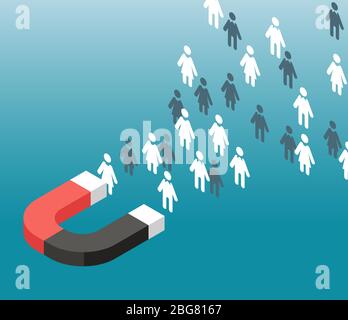 Leads generieren. Attraktion für Internetverkehr. Magnet zieht Menschen Symbole. Vektorkonzept Inbound Marketing. Illustration des potenziellen Kunden und Anhänger Magnetismus Stock Vektor