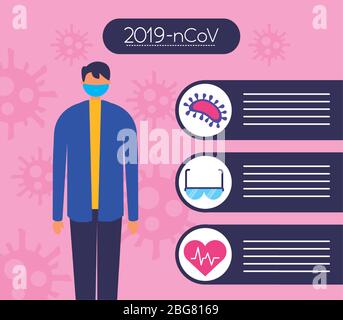 Covid19 pandemische Infografiken mit dem Menschen mit Gesichtsmaske Stock Vektor