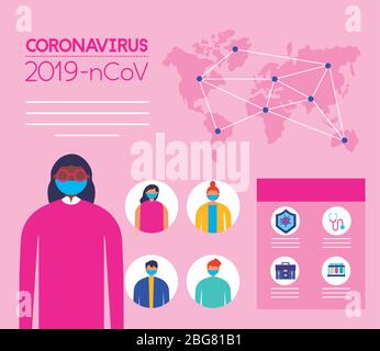 Covid19 pandemische Infografiken mit Afro-Frau mit Gesichtsmaske Stock Vektor