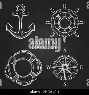 Nautische Doodle-Elemente auf der Tafel. Vektor-Handrad, Anker, Kompass und Rettungsring Illustration Stock Vektor