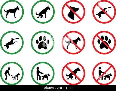 Hunde verboten Zeichen. Hunde Erlaubnis und Einschränkung Silhouette Park Vektor-Beschilderung. Illustration von Stop eingeschränkt Hund zu Fuß und Mist Stock Vektor