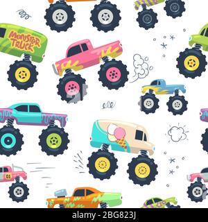 Monster Autos nahtlose Muster. Kinder-LKW mit großem Rad. Vektor endlosen Hintergrund. Muster und Hintergrund nahtlos, Monster-Auto mit großem Rad ill Stock Vektor