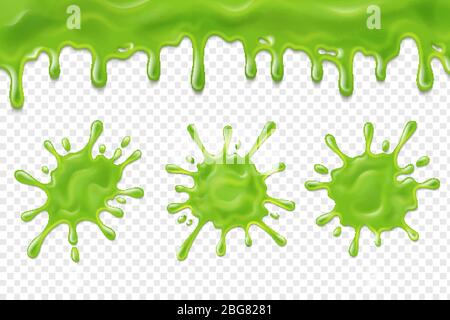 Tropfender Schleim. Grüner Schmutz splat, goo tropfende Flecken von Schleim. Halloween-Oze, Schleim isoliert Vektor-Set. Illustration von Splatter und Dribble, Spot und Drop, Schleim und BLOB Stock Vektor