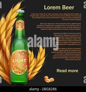 Realistische Bierflasche und Roggen Hintergrund oder Web-Seite Design. Vektorgrafik Stock Vektor