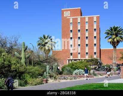 Die Gartenanlage von Kakteen umgibt das Graduate College Gebäude mit Studenten, die sich auf dem Rasen auf dem Campus der Universität von Arizona in Tucson, AZ, entspannen Stockfoto